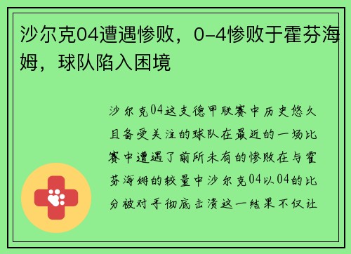 沙尔克04遭遇惨败，0-4惨败于霍芬海姆，球队陷入困境