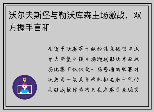沃尔夫斯堡与勒沃库森主场激战，双方握手言和